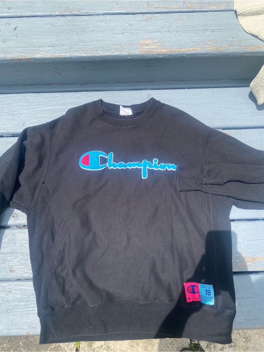 Champion Gray Crewneck with Blue Script Tag